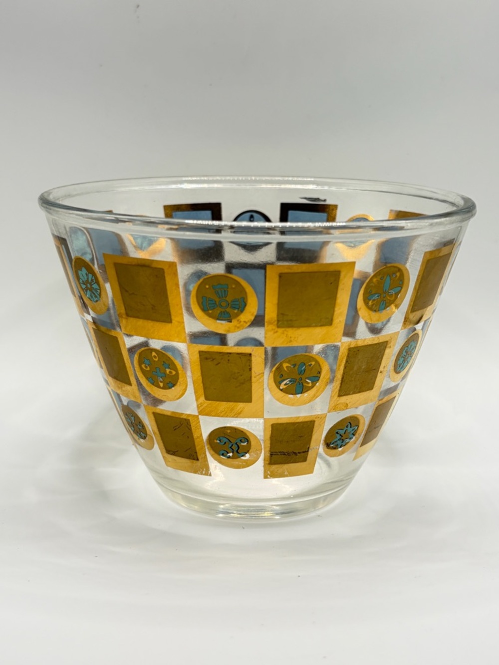 Vintage Mid Century Modern Gold Teal Checkered Glass Ice Bucket Serving Bowl